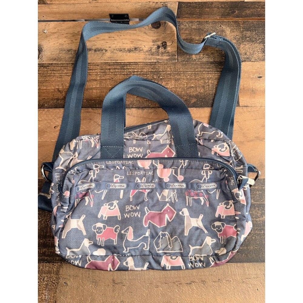 LeSportsac Deluxe  Cross Body Bow Wow Denim Blue Funny Dog Print Pink